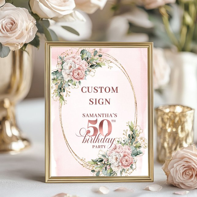 Editable Garden Blush Greenery 50th Birthday Table Poster (Editable Garden Blush Greenery 50th Birthday Tabletop Sign)