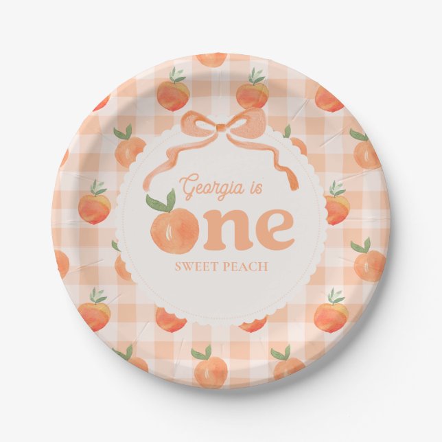 Editable Gingham Peach Paper Plates Pappteller (Vorderseite)