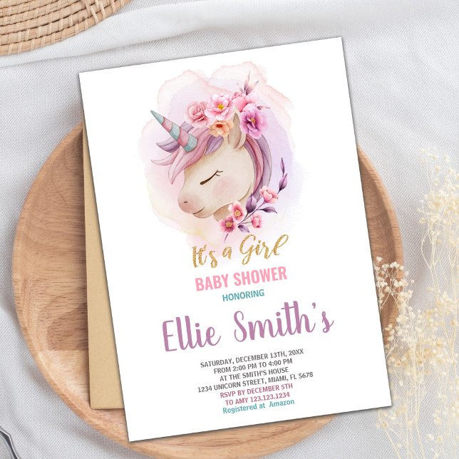 Editable Girl Baby Sprinkle oder Dusche Party Card Einladung (Floral Unicorn Baby Shower Invitations)