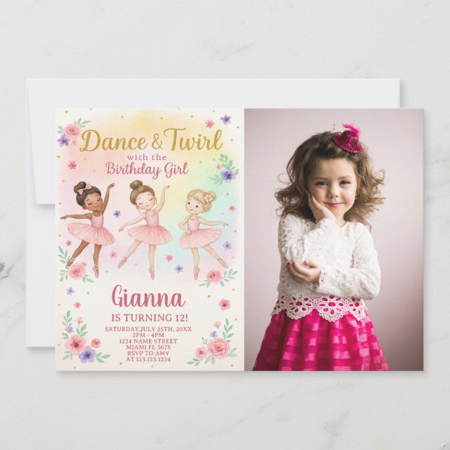 Editable Girl's Dance Einladung mit Foto (Vorderseite)