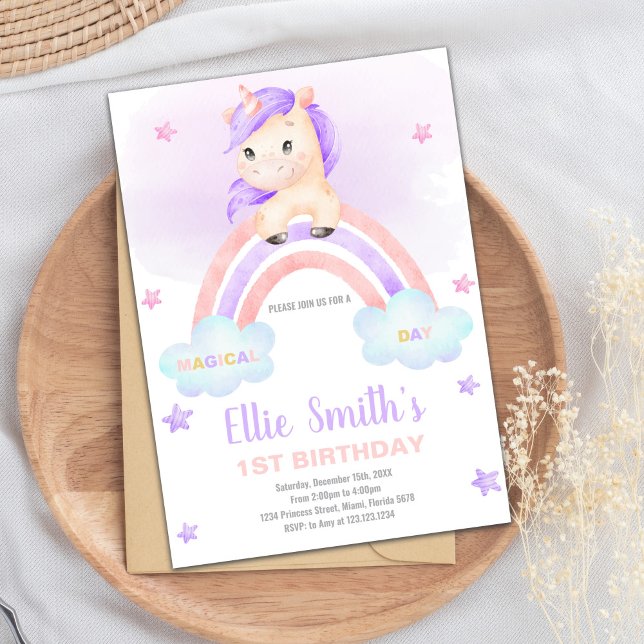 Editable Girls Fantasy Party Card mit Glitzern Einladung (Purple Pink Rainbow Unicorn Invitations)