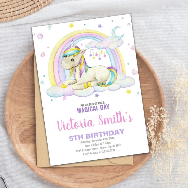 Editable Girls Fantasy Party Card mit Pastel Einladung (Rainbow Cloud Unicorn Birthday Invitations)