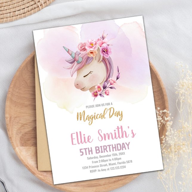 Editable Girl's Magical Party Card mit Gold Accen Einladung (Pink Floral Unicorn Birthday Invitations)