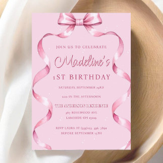 Editable Girls Pink Coquette Bow Erster Geburtstag Einladung