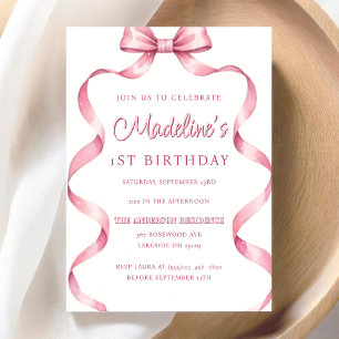 Editable Girls Pink Coquette Bow Erster Geburtstag Einladung