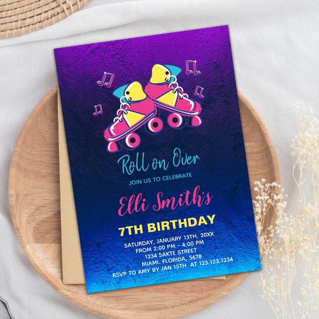 Editable Girls Roller Skate Party laden Einladung (Roller On Over Skating Birthday Invitations)