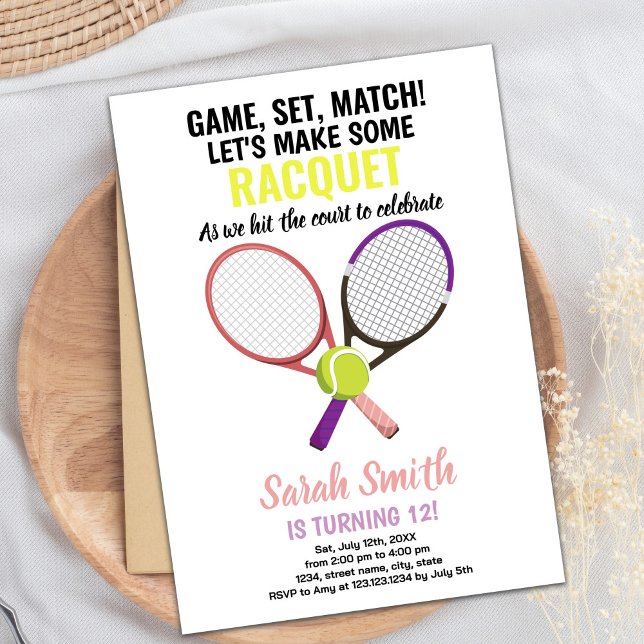 Editable Girls Sports Party Card mit Racket Einladung (Pink Purple Tennis Birthday Invitations)