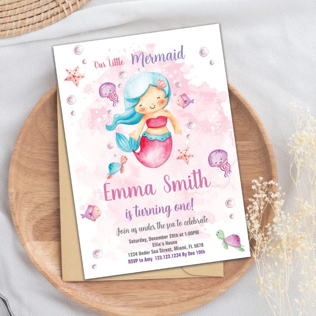 Editable Girls Under Sea Party Card mit Wasser Einladung (Pink Cloud Mermaid Birthday Invitation)