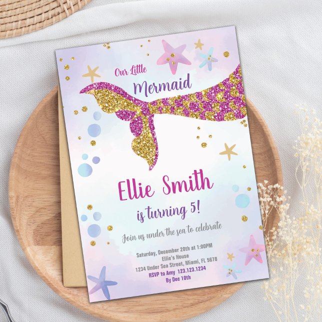 Editable Girls Under the Sea Party Card mit Spark Einladung (Pink Glitter Mermaid Invitation)
