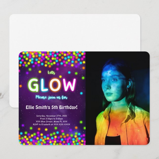 Editable Glow Birthday Foto Einladung (Vorne/Hinten)
