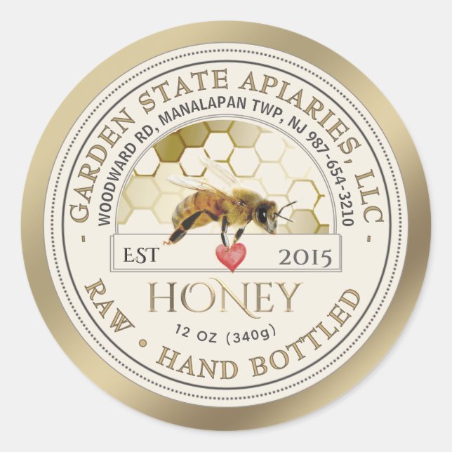Editable Gold Honey Label Honeycomb Bee Heart Runder Aufkleber (Vorderseite)