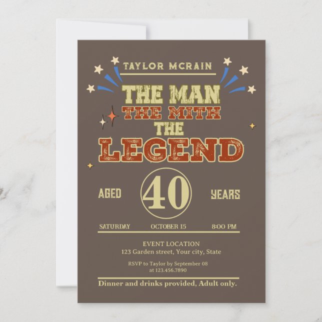 Editable Gold "Man, Myth, Legend, Birthday Invitat Einladung (Vorderseite)