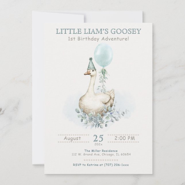 Editable Goose-themed First Birthday Einladung (Vorderseite)