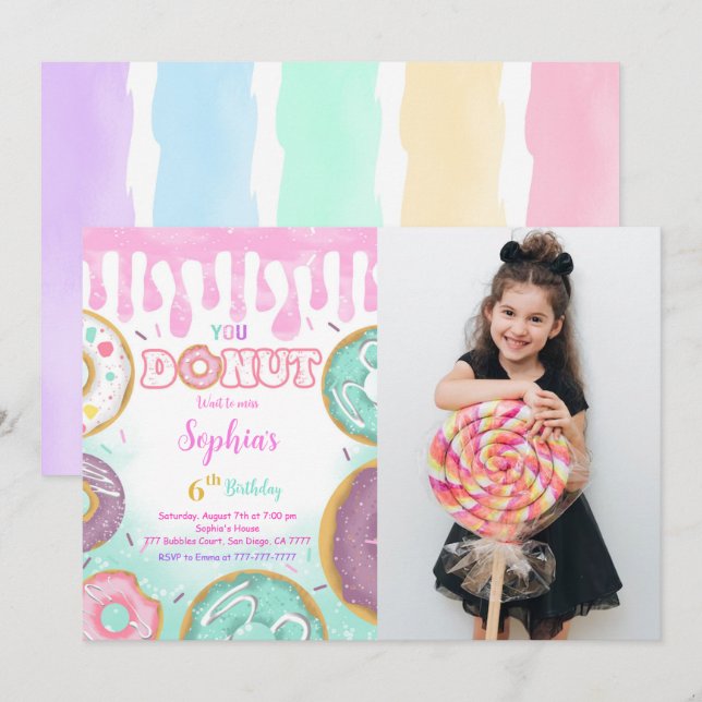 Editable Green Donut Birthday Party Foto Einladung (Vorne/Hinten)