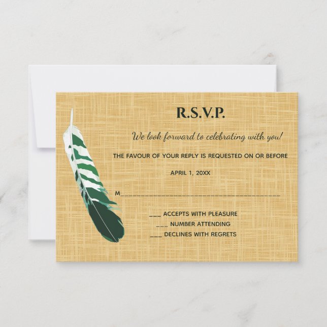 Editable Green Fether on Linen RSVP Karte (Vorderseite)