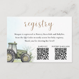 EDITABLE Green Tractor Baby Showregister Begleitkarte