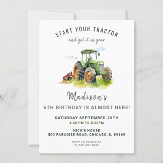 Editable Green Tractor Birthday Einladung