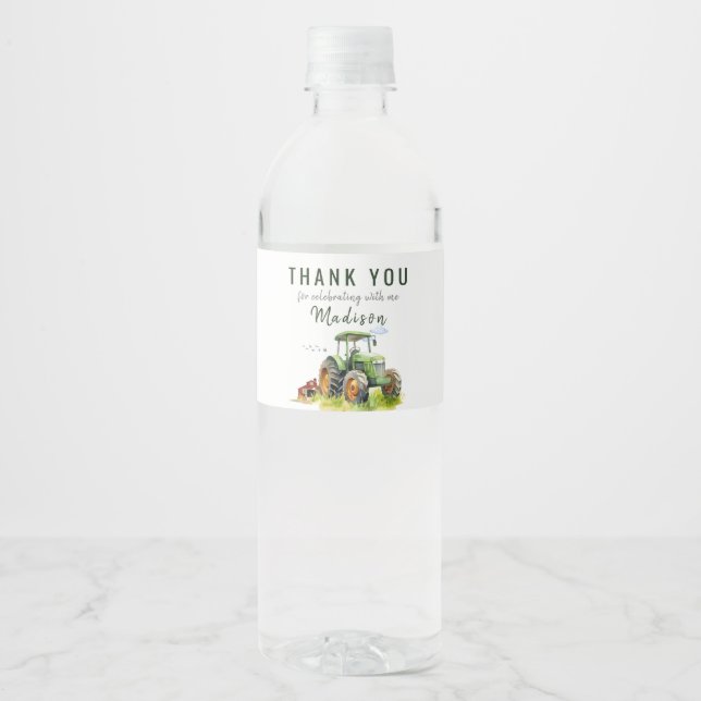 Editable Green Tractor Wasserflaschenetikett (Vorderseite)