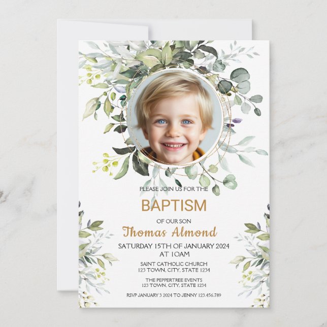 Editable Greenery Photo Baptism Invitation Boy Einladung (Vorderseite)