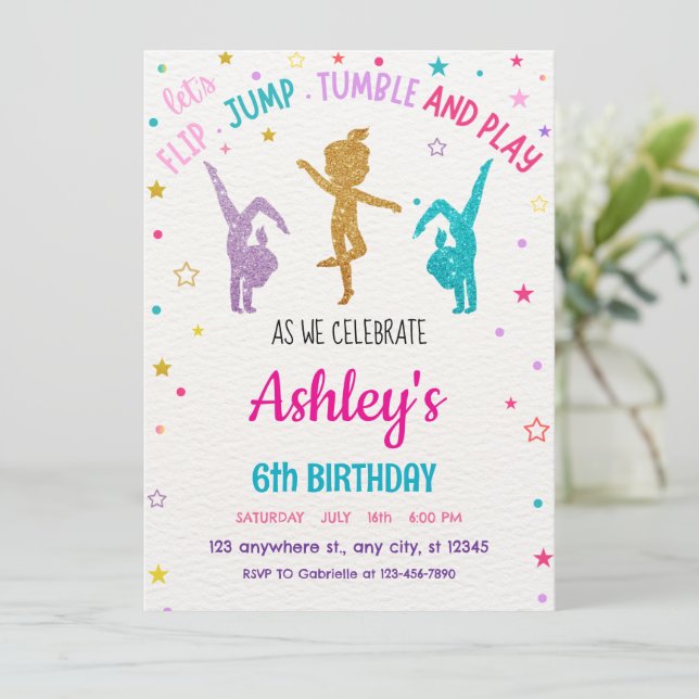 Editable Gymnastik Birthday Girl Einladung (Stehend Vorderseite)