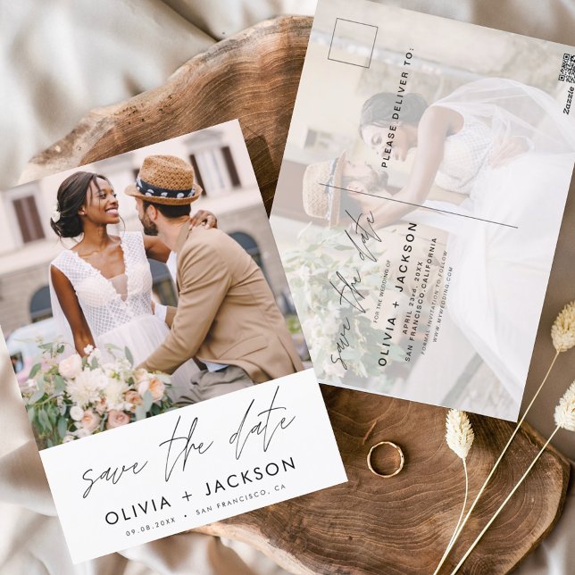 Editable Hand Letted White Save the Date Foto Postkarte (Von Creator hochgeladen)