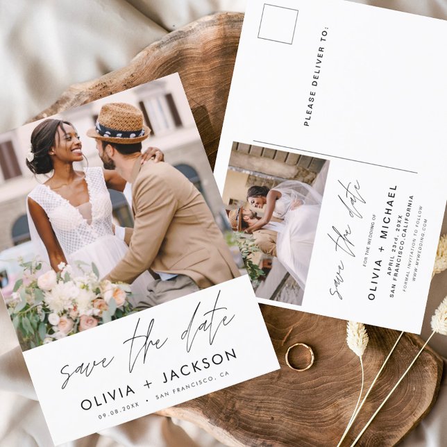 Editable Hand Letted White Save the Date Foto Postkarte (Von Creator hochgeladen)