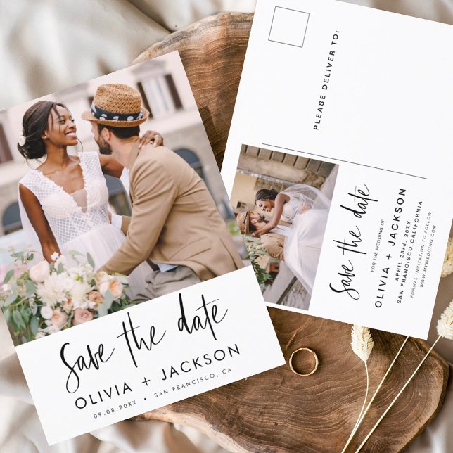 Editable Hand Letted White Save the Date Foto Postkarte (Von Creator hochgeladen)