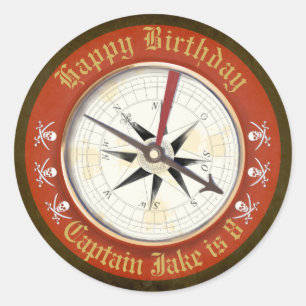 Editable Happy Birthday Compass Pirate Runder Aufkleber