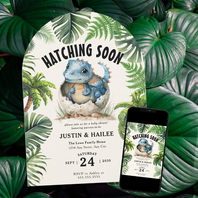 Editable Hatching Soon Dinosaur Baby Dusche Einladung (Von Creator hochgeladen)