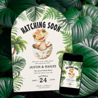 Editable Hatching Soon Dinosaur Baby Dusche