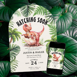Editable Hatching Soon Dinosaur Baby Dusche Einladung
