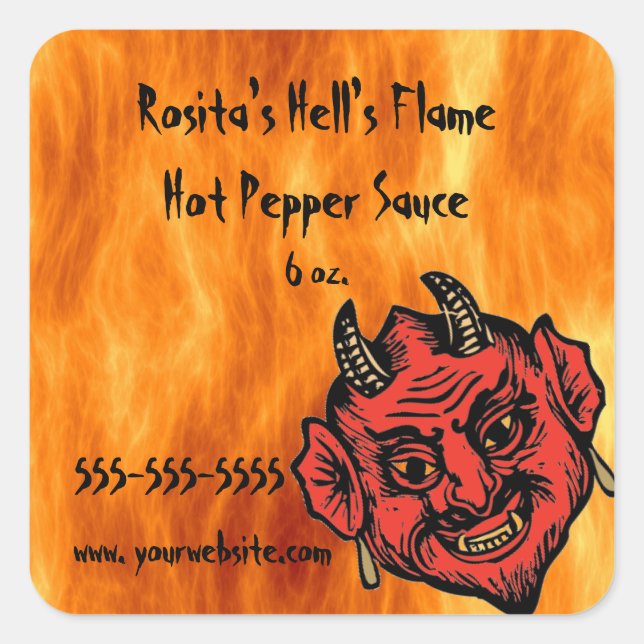 Editable Hell's Flame Hot Sauce Label Quadratischer Aufkleber (Vorderseite)