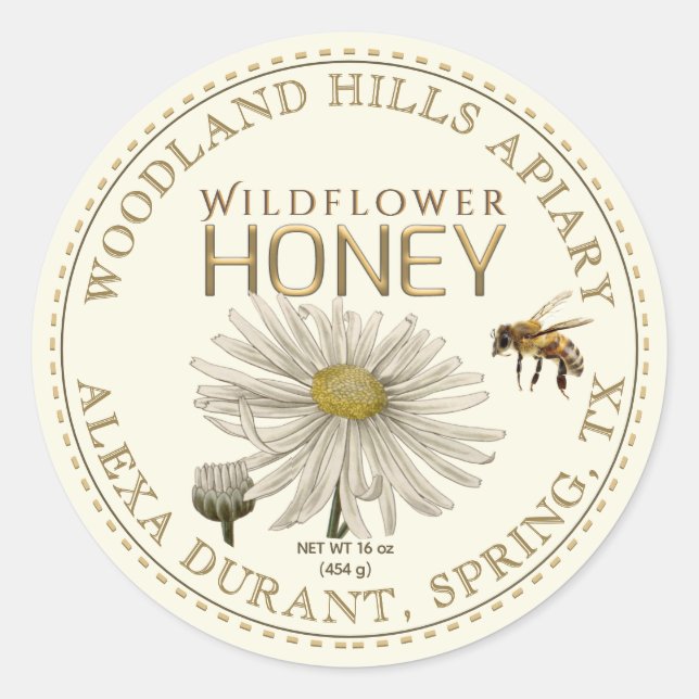 Editable Honey Jar Bee Wildblume Label Elfenbein Runder Aufkleber (Vorderseite)