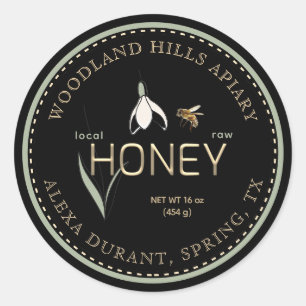 Editable Honey Label Spring Black Snowdrop Blume Runder Aufkleber