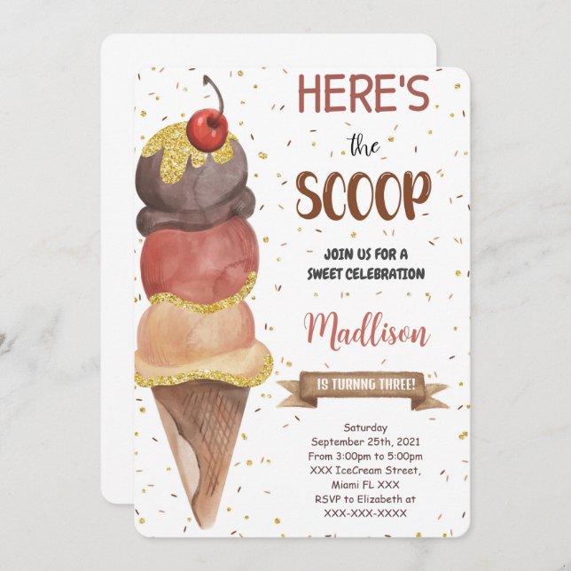 Editable Ice Cream Birthday Einladung (Vorne/Hinten)