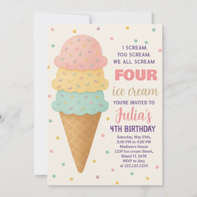 Editable Ice Cream Birthday Einladung (Vorderseite)