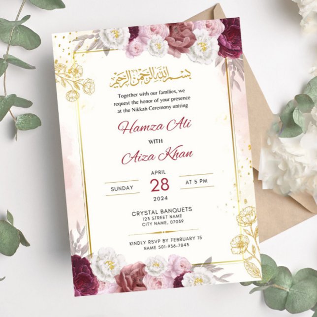 Editable islamische Nikkah Red Floral Muslim Weddi Einladung (Von Creator hochgeladen)
