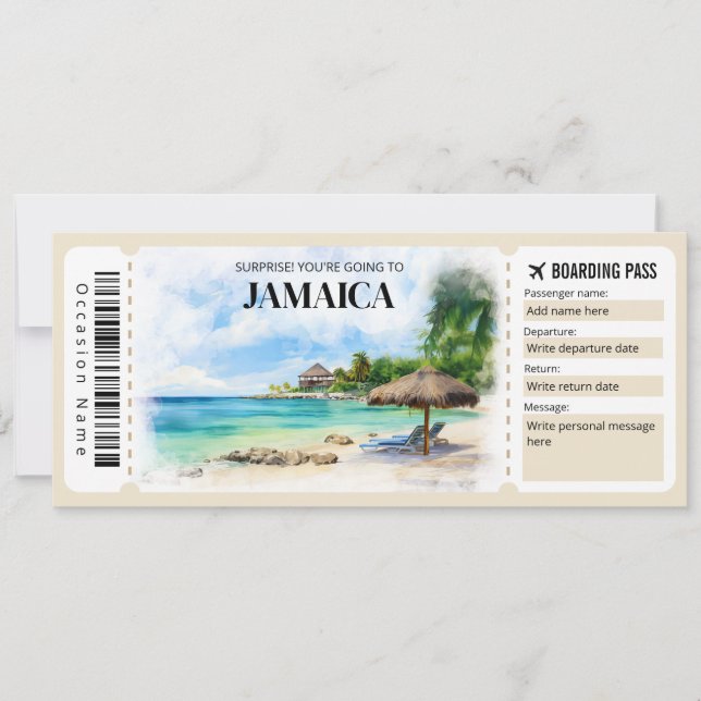 Editable Jamaica Boarding Pass Flugzeug Ticket Einladung (Vorderseite)