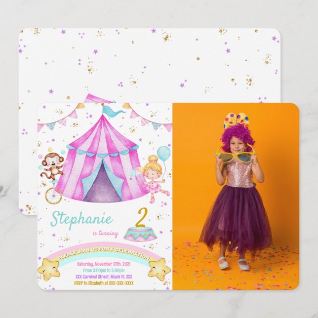 Editable Karneval Geburtstag Foto Einladungen (Vorne/Hinten)