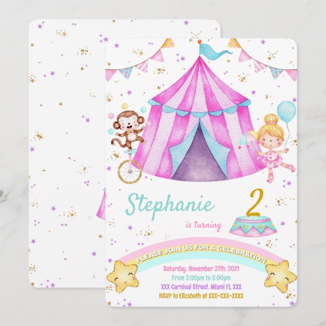 Editable Karneval Geburtstagseinladungen Einladung (Vorne/Hinten)