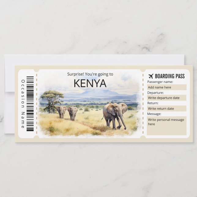 Editable Kenya Flugzeug Ticket, Kenya Trip Einladung (Vorderseite)