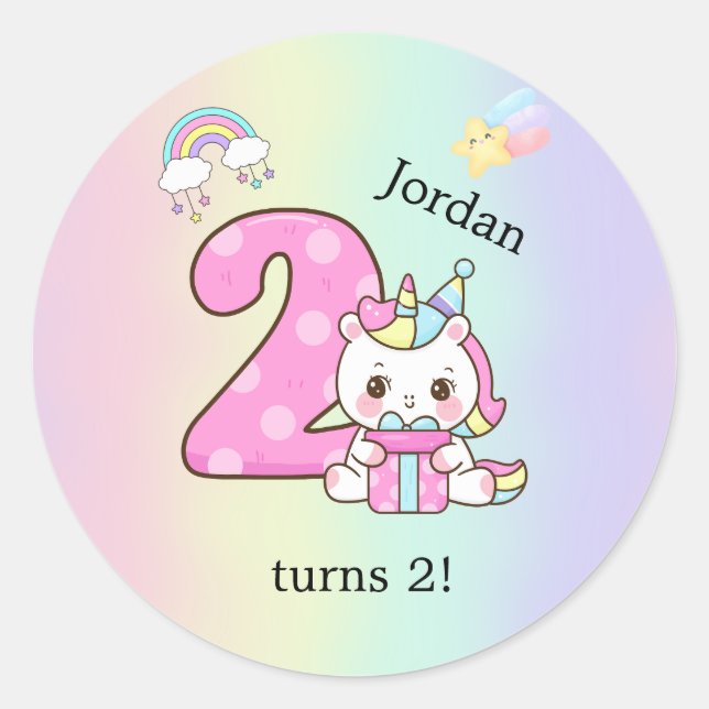 Editable Kids Birthday Sticker Cute Unicorn Party (Vorderseite)