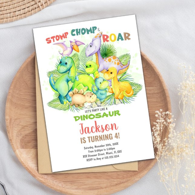 Editable Kids Party Card mit T-Rex & Jungle Theme Einladung (Green Dinosaur Birthday Invitations)