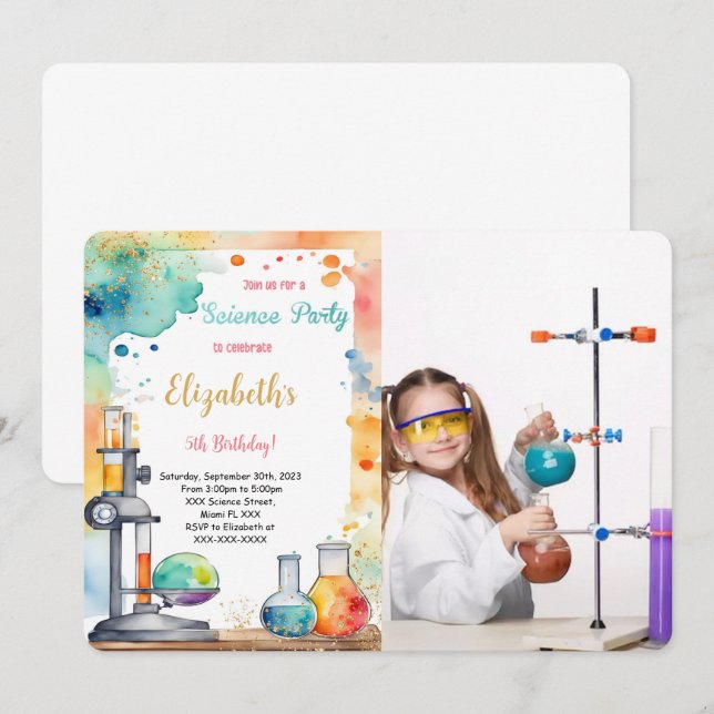 Editable Kids Science Birthday Party Foto Einladung (Vorne/Hinten)