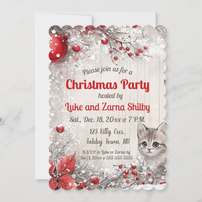 Editable Kitten and Berries Christmas Party Einladung (Vorderseite)
