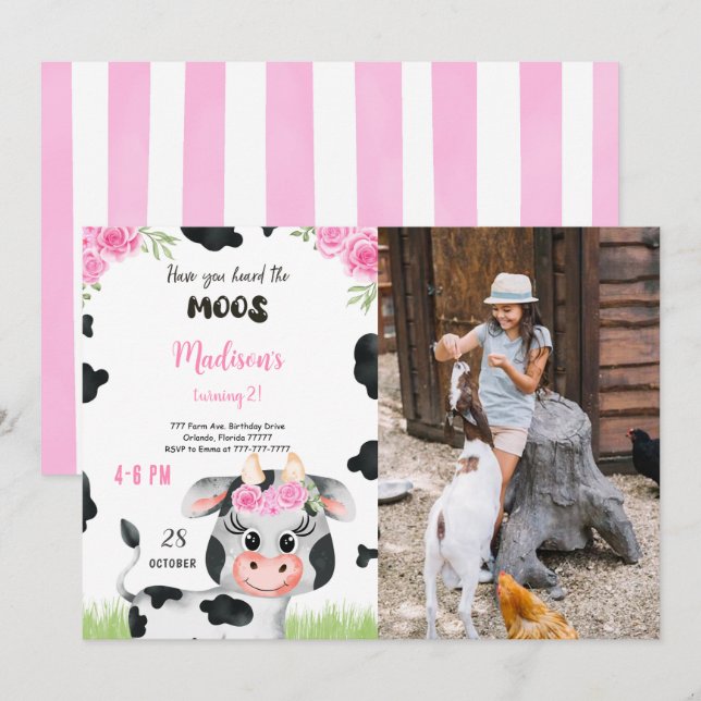 Editable Kuh Birthday Foto Einladung (Vorne/Hinten)