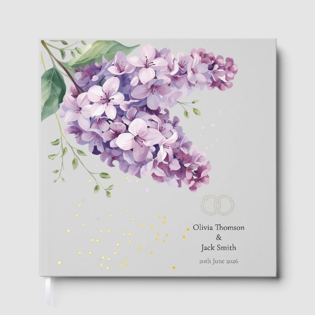 Editable Lilac Floral and Gold Wedding Guestbook Gästebuch (Vorderseite)