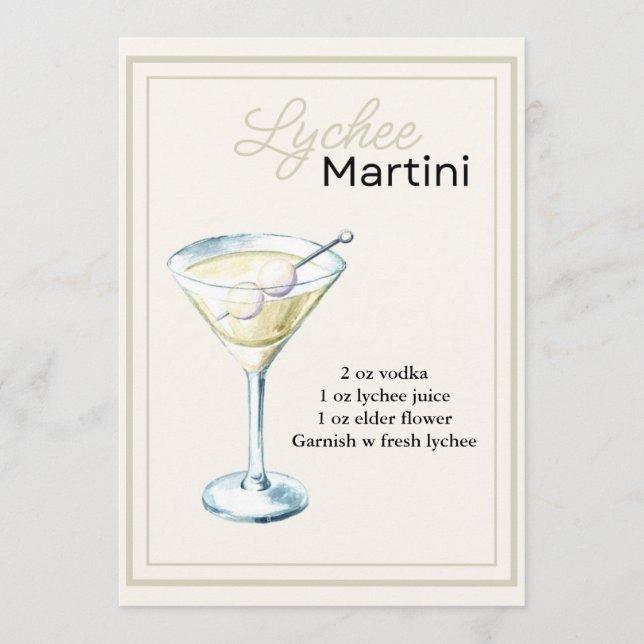 Editable Lychee Martini Recipe Card Menükarte (Vorderseite)