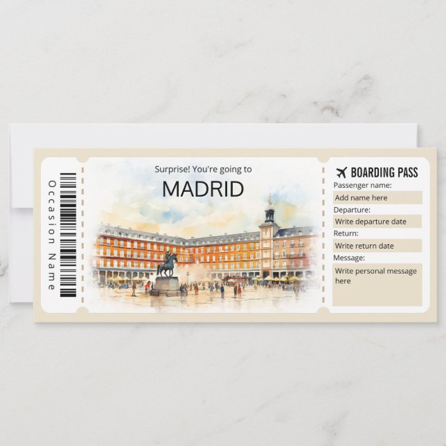 Editable Madrid Boarding Pass Spanien Flugzeug Tic Einladung (Vorderseite)
