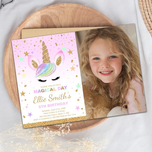 Editable Magic Kids Party Card Einladung (Glitter Golden Unicorn Invitations with photo)